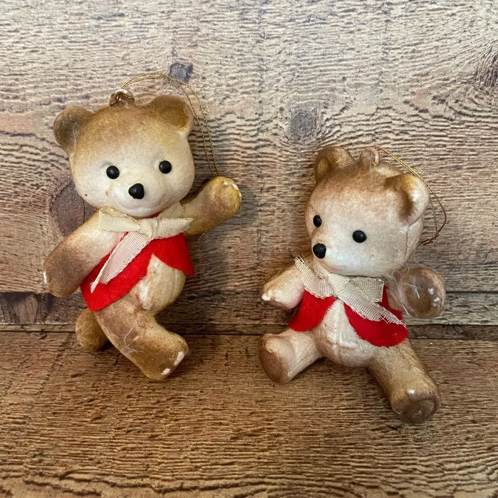Vintage 1960’s Flocked Teddy Bear Christmas Ornaments-set Of 2 Red Felt/Bow Ties